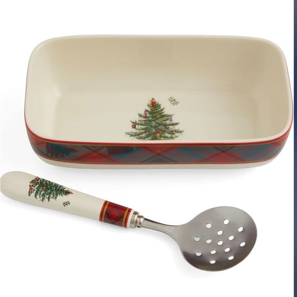 Spode Christmas Tree Tartan serving dish with a slotted spoon Set Of 2 - Picture 4 of 6